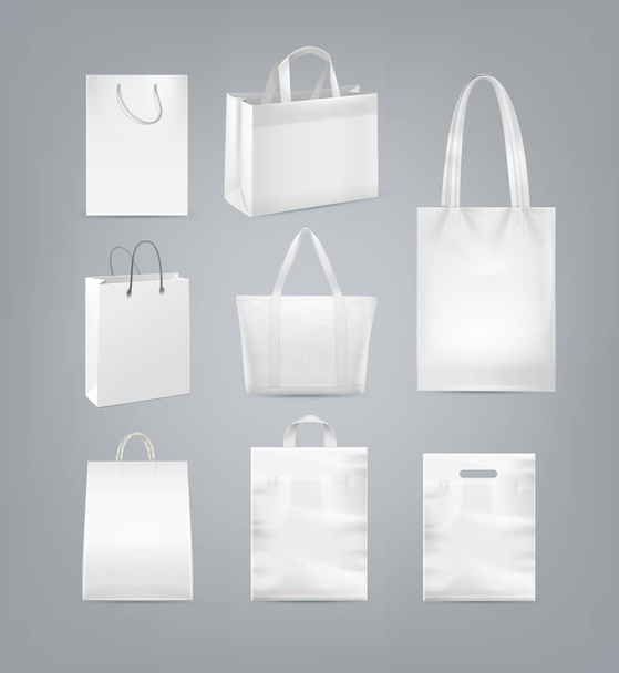 Векторний набір сумки для покупок з ручкою з білого паперу, пластику та полотна ізольовані на фоні
 - Вектор, зображення