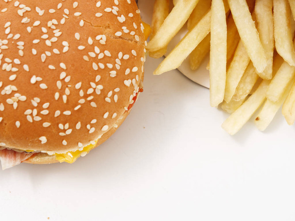 fast food fries burger on white background - Photo, image