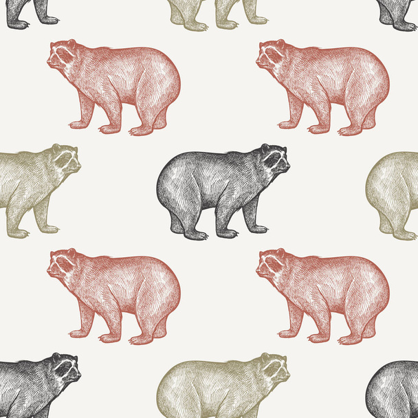 Summer seamless pattern with animals South America. Spectacled Bear. Black, red, green bears on pastel background. Hand drawing of wildlife. Vector illustration art.  Vintage design for fabrics, paper - Vettoriali, immagini