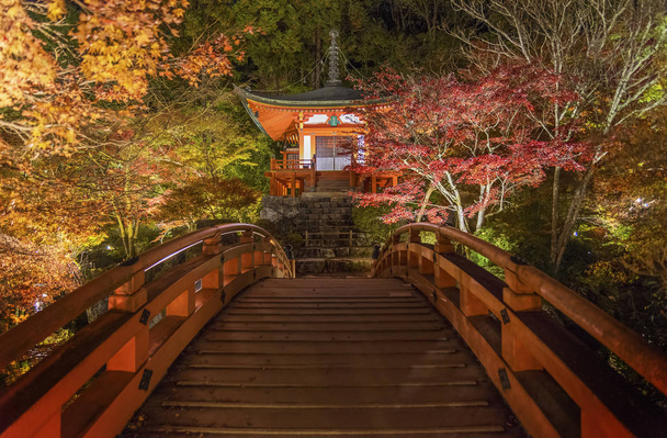 Japonya 'nın başkenti Kyoto' da sonbahar mevsiminde Daigoji Tapınağı 'ndaki Japon bahçesinde pavyon ve köprü. - Fotoğraf, Görsel