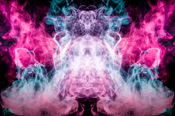 Fantasy print for clothes: t-shirts, sweatshirts.  Colorful pink and blue smoke in the form of a skull, monster, dragon on a black isolated background. Background from the smoke of vap - Photo, Image
