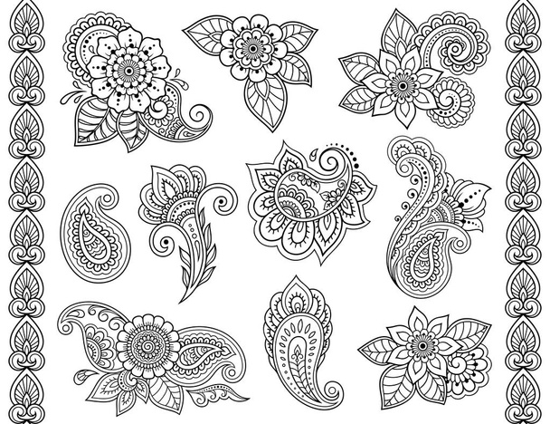 Sada Mehndi květinový vzor a bezproblémovou hranice pro kreslení hennou a tetování. Dekorace ve stylu orientální, indické. - Vektor, obrázek