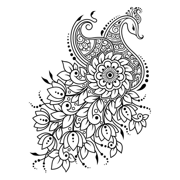 Mehndi flower pattern with peacock for Henna drawing and tattoo. Decoration in ethnic oriental, Indian style. - Вектор, зображення