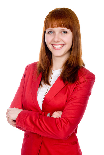 Retrato de uma mulher de negócios alegre em uma jaqueta vermelha
 - Foto, Imagem