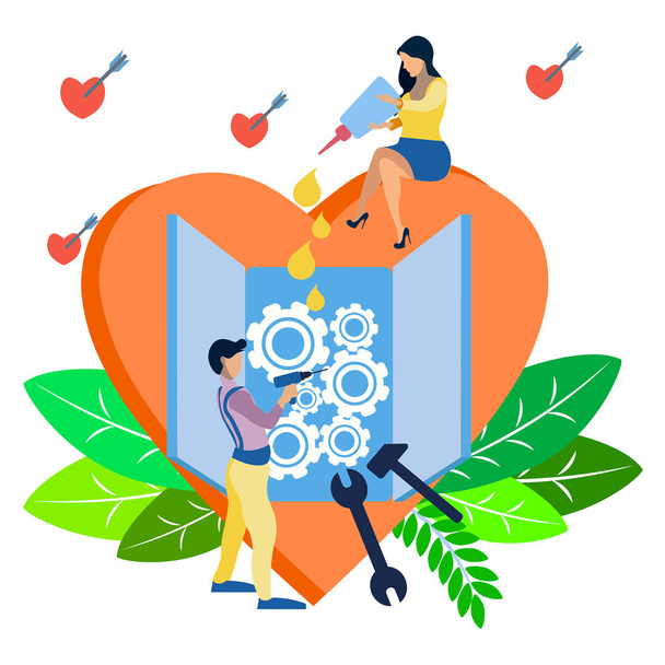 Valentines Day. Couple in love mending a broken heart. In minimalist style. Flat isometric - Vector, Image