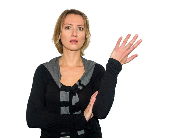 Portrait of annoyed  woman gesturing, expressing confusion, frowning, being displeased . Isolated on white background - Φωτογραφία, εικόνα