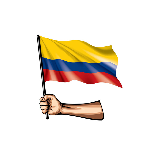 Σημαία της Κολομβίας και χέρι σε άσπρο φόντο. Εικονογράφηση διάνυσμα - Διάνυσμα, εικόνα