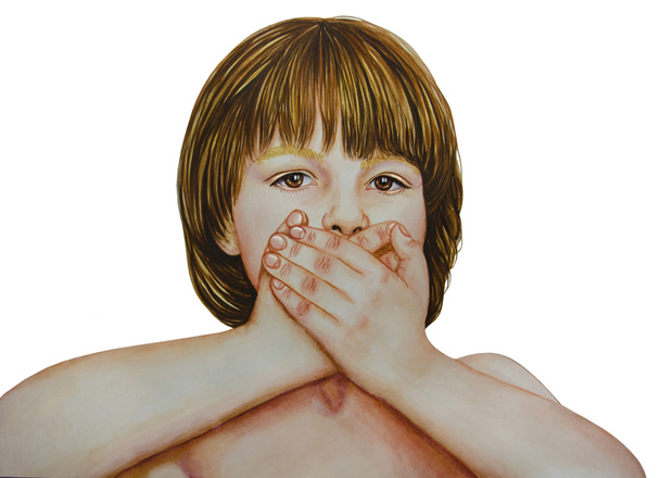 Kleiner Junge bedeckt seinen Mund mit Händen - Aquarellmalerei - Foto, Bild