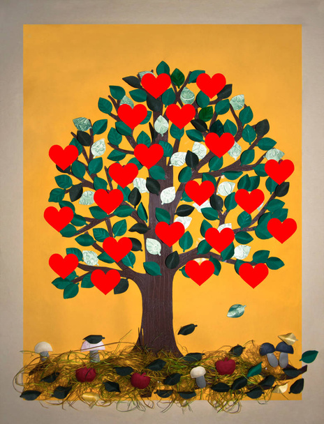 Koláž - dekorativní strom se zelenými listy a červené srdce na žlutém podkladu - Fotografie, Obrázek