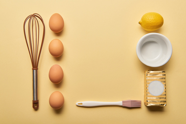 flat lay with cooking utensils and ingredients on yellow background - Photo, Image