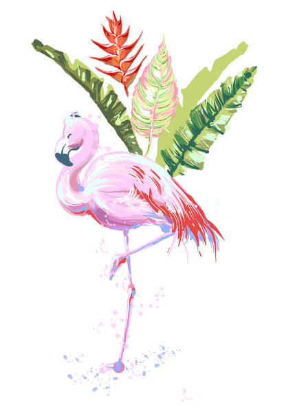 Beautiful pink flamingo composition with tropic leaves, flower of Heliconia - Vector, imagen
