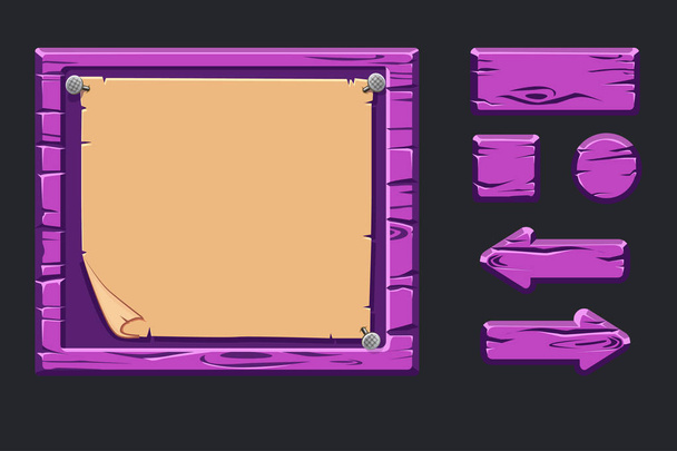 Διάνυσμα παιχνίδι ui κιτ. Ξύλινα μενού πρότυπο βιολετί γραφική διεπαφή χρήστη Gui, παλιό χαρτί και κουμπιά για να δημιουργήσετε 2d παιχνίδια. Απομονωμένη σε μια ξεχωριστή στρώματα - Διάνυσμα, εικόνα