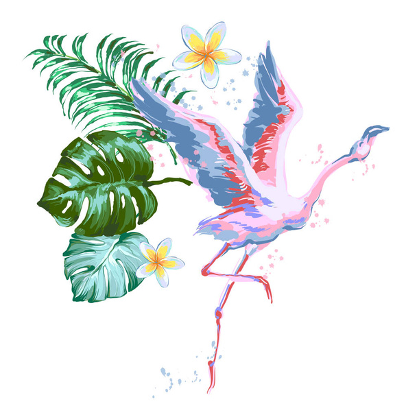 Beautiful flying pink flamingo composition with tropic leaves, flower of Plumeria - Vector, imagen