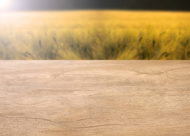 Rustic empty wooden table, for breakfast of the morning of the spring, or snack with sun in the background. Table of background image for photographic editing. - Photo, Image