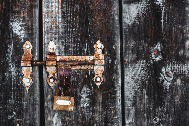 old weathered rusty lock on wooden frosty door - Foto, imagen