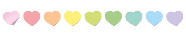 Kleverige nota's, hartvormige, regenboog gekleurde lijn. Geïsoleerde vectorillustratie op witte achtergrond. - Vector, afbeelding