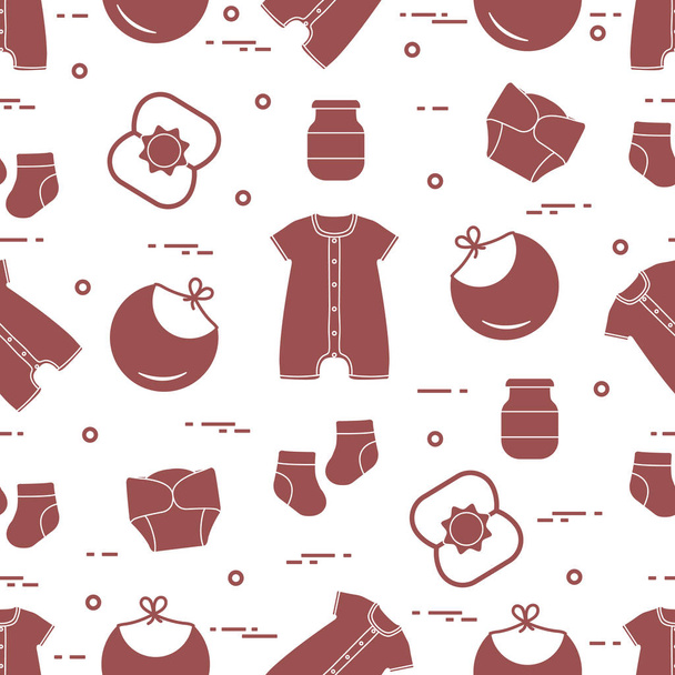 Seamless pattern with goods for babies. Newborn baby background. Bib, baby food can, rattle, socks, diapers, bodysuit. - Vektori, kuva