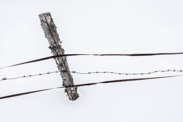 fence with wooden stick on clear white snow - Photo, Image