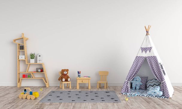 Teepee σε παιδιά δωμάτιο εσωτερικό για κοροϊδεύω, 3d rendering - Φωτογραφία, εικόνα