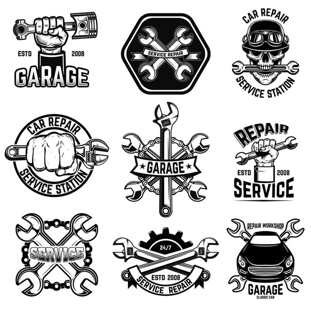 Conjunto de emblemas oficina de reparação de automóveis. Elemento de design para logotipo, etiqueta, emblema, sinal, ilustração poster.Vector
 - Vetor, Imagem