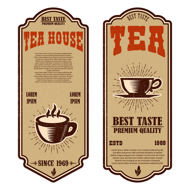Vintage herbata sklep ulotki szablony. Elementy projektu logo, etykieta, znak, odznaka. Ilustracja wektorowa - Wektor, obraz