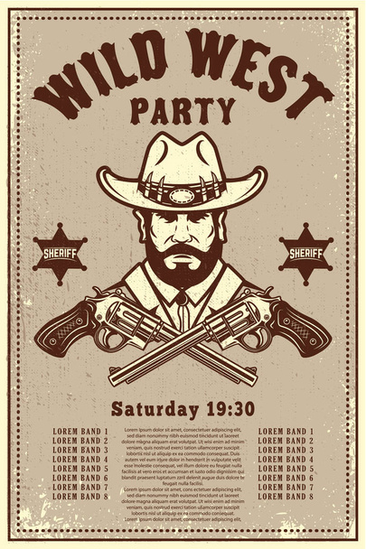 Wild-West-Party-Plakatvorlage. Cowboyhut mit überkreuzten Revolvern. Wildwest-Thema. Gestaltungselement für Plakat, Karte, Banner, Flyer. Vektorillustration - Vektor, Bild