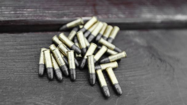 Cartuchos de pequeno calibre para rifle em fundo de madeira
 - Foto, Imagem