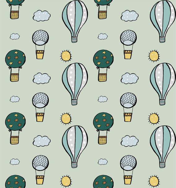 Seamless pattern with air ballons, cloud and sun. Hand drawn vector illustration. Ideal template for design of wrapping paper, kids wallpaper, wrapping paper. - ベクター画像