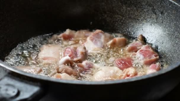Smažené vepřové maso v pánvi s převařeným olejem - Záběry, video
