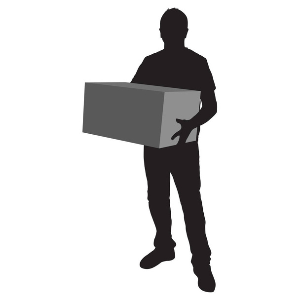 Silueta del repartidor llevando una caja sobre fondo blanco
 - Vector, imagen