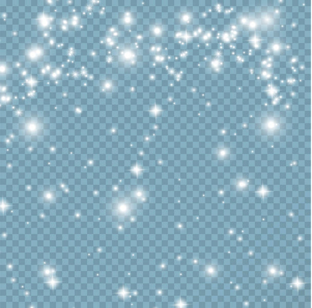Strahlender Staub. jede Menge leuchtenden Staub, kleine funkelnde hellblaue und weiße Lichter. Raumstaub, auf transparentem Hintergrund. faszinierende Sternenblitze, leuchtender Staub. Vektorillustration. - Vektor, Bild