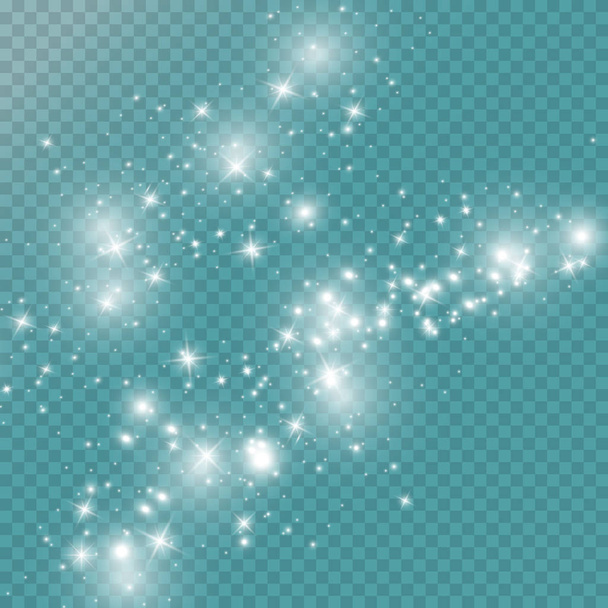 Radiant dust. Lots of shining dust, small sparkling light blue and white lights. Space dust, on a transparent background. Fascinating star flashes, shining dust. Vector illustration. - Vector, Image