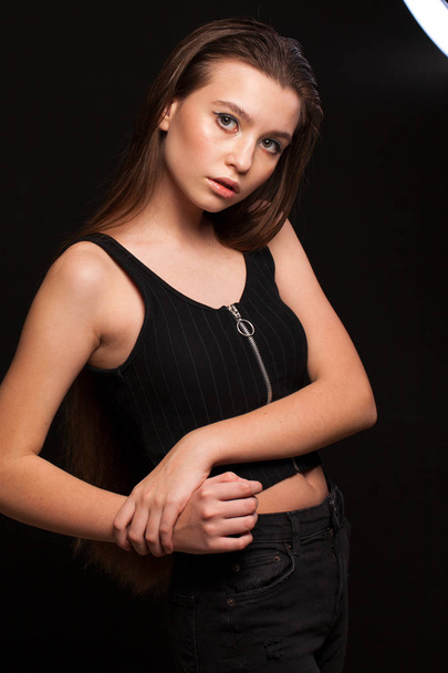 Close up Make up fashion model. Young beautiful brunette girl, on studio black wall background - Φωτογραφία, εικόνα