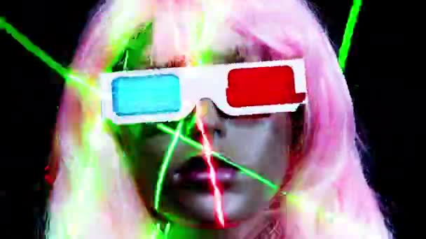 Mannequin head in 3d glasses and wig with neon lights - Footage, Video