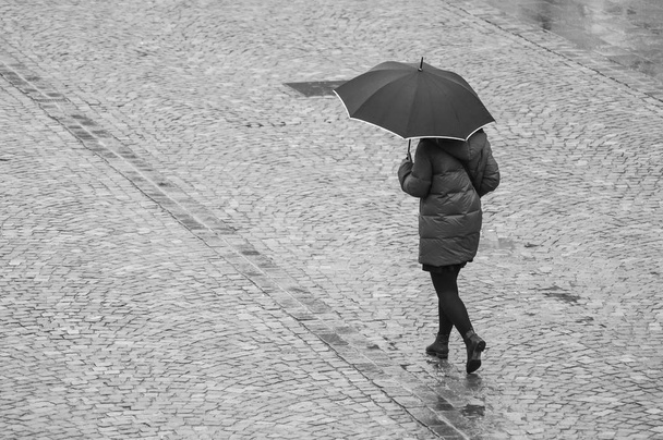 portrait of woman with umbrella on cobbles place in the city in black and white - Fotografie, Obrázek