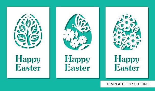 Set of greeting card with eggs and text Happy Easter. Floral pattern and plant theme. White object on a green background. Template for laser cutting, wood carving, paper cut or printing. - Vector, Image