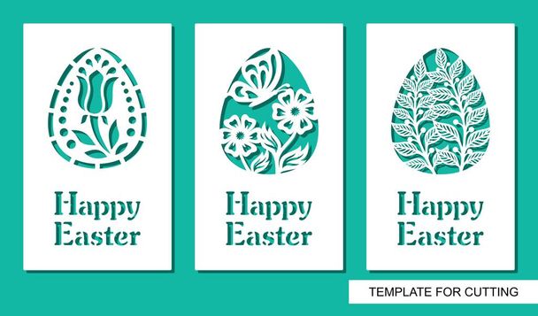 Set wenskaarten met eieren en woorden Happy Easter. Floral patroon en plant thema. Wit object op een groene achtergrond. Sjabloon voor lasersnijden, hout snijwerk, papier knippen of afdrukken. - Vector, afbeelding