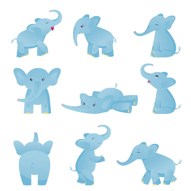 Collectie van schattige babyolifant in verschillende Poses, licht blauwe mooie dierlijke karakter vectorillustratie - Vector, afbeelding