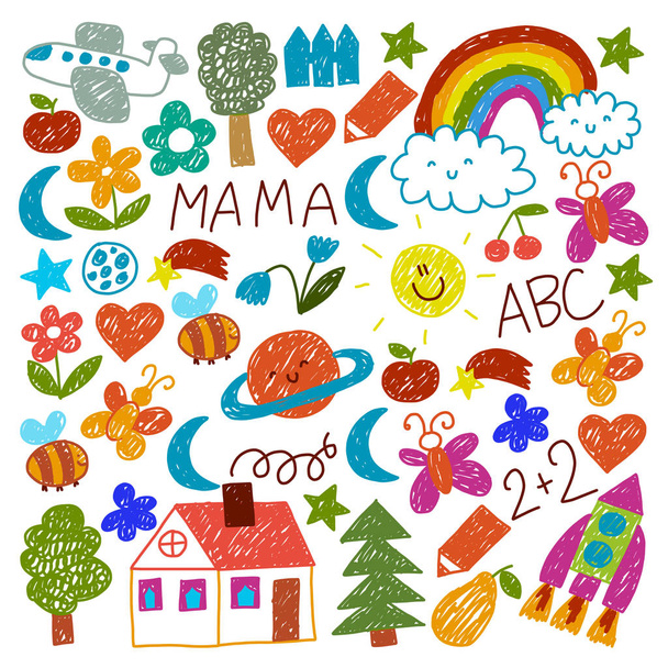 Modello di scuola materna per bambini piccoli. Carino icone e personaggi per i bambini. Razzo, spazio, luna
. - Vettoriali, immagini