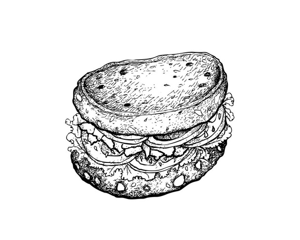 Εικονογράφηση χέρι σκίτσο του νόστιμο σπιτικό φρέσκο υγιεινό ολικής αλέσεως ψωμί σάντουιτς με μπέικον, μαρούλι, ντομάτα, τυρί και μαρούλι που απομονώνονται σε λευκό φόντο. - Διάνυσμα, εικόνα