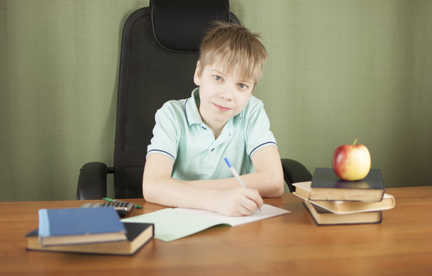 Petit écolier intelligent assis à la table avec beaucoup de livres et de pomme rouge. Concept d'éducation
.  - Photo, image