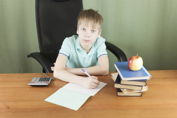 Smart school boy sitting at the table with many books and red apple. Concept of education.  - Foto, Bild