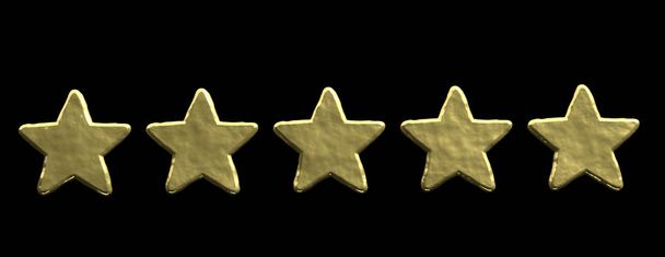 5 hvězdiček žebříčku, koncept zpětné vazby zákazníka. Pět zlatých hvězd izolované na černém pozadí, nápisu. 3D obrázek - Fotografie, Obrázek