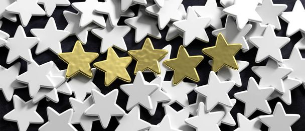 Classifica 5 stelle, concetto di feedback dei clienti. Cinque stelle d'oro e stelle bianche su sfondo nero. Illustrazione 3d
 - Foto, immagini