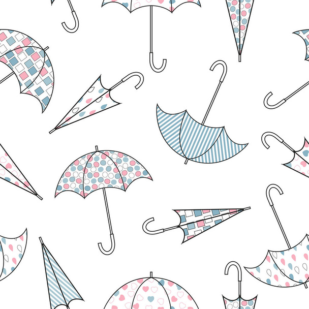 Umbrellas with different color patterns. Seamless cute vector illustration on white background.. - Vector, Imagen