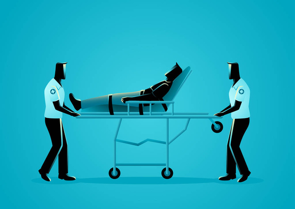 Vector illustration of paramedic team moving injured man on a stretcher - Vector, Image