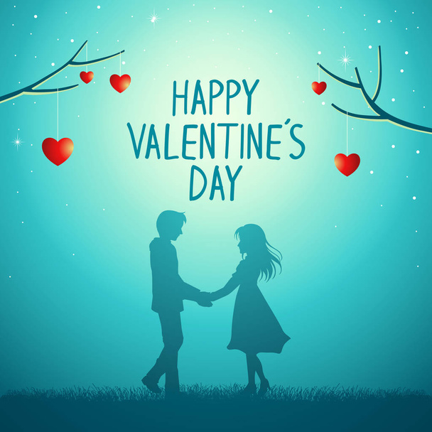 愛の木の下、バレンタインの日のテーマで手を繋いでいるカップルのシルエットのイラスト - ベクター画像