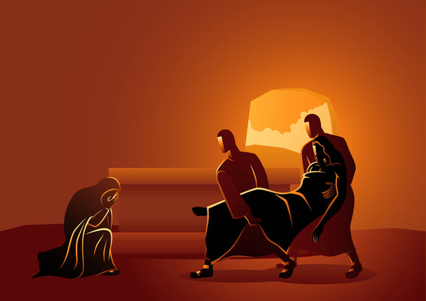 Biblical vector illustration series. Way of the Cross or Stations of the Cross, fourteenth, Jesus is placed in the tomb. - Vector, Image