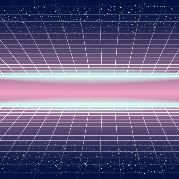 Synthwave ρετρό φουτουριστικό τοπίο με πλέγμα στυλ λέιζερ. Νέον Retrowave σχεδιασμού και Sci-fi στοιχεία 80s 90s χώρο. Vector εικονογράφηση πρότυπο απομονωμένη φόντο - Διάνυσμα, εικόνα