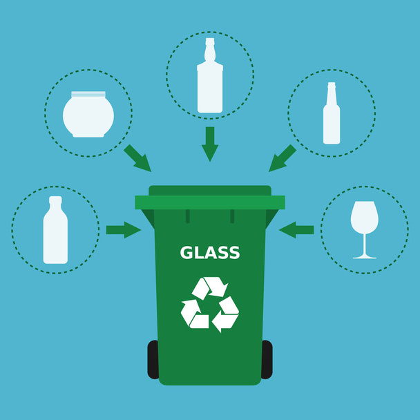 grüne Mülltonnen und Glasabfälle, die zum Recycling geeignet sind. Glasrecycling, Mülltrennung, Mülltrennung, umweltfreundlich, Konzept. blauer Hintergrund. Vektor-Illustration, flacher Stil. - Vektor, Bild